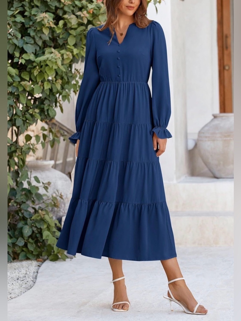 NWT Puff Sleeve Smocked Maxi Dress Flowy Tiered Navy sz S - Picture 3 of 4